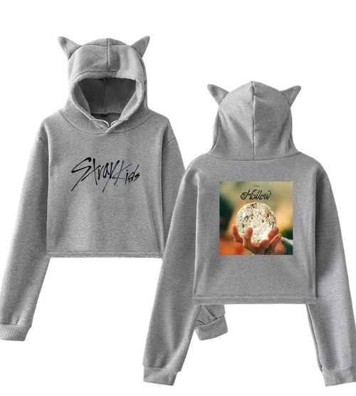 Stylish grey hoodie and sweatpants set with cat ear hood, featuring "Stray Kids" text and moon graphic, perfect for K-pop fans and merch collectors.
