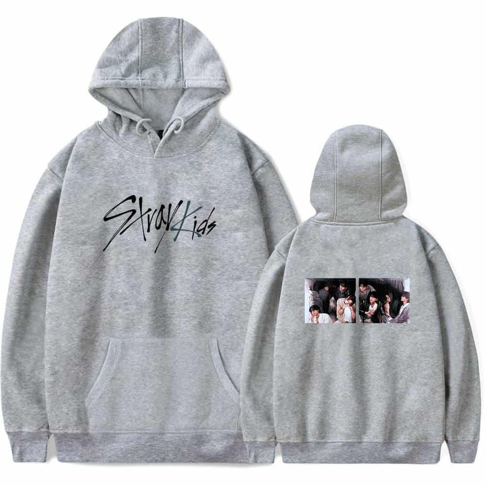 Stylish grey hoodie with "Stray Kids" logo on front and group photo on back, perfect for K-pop fans.