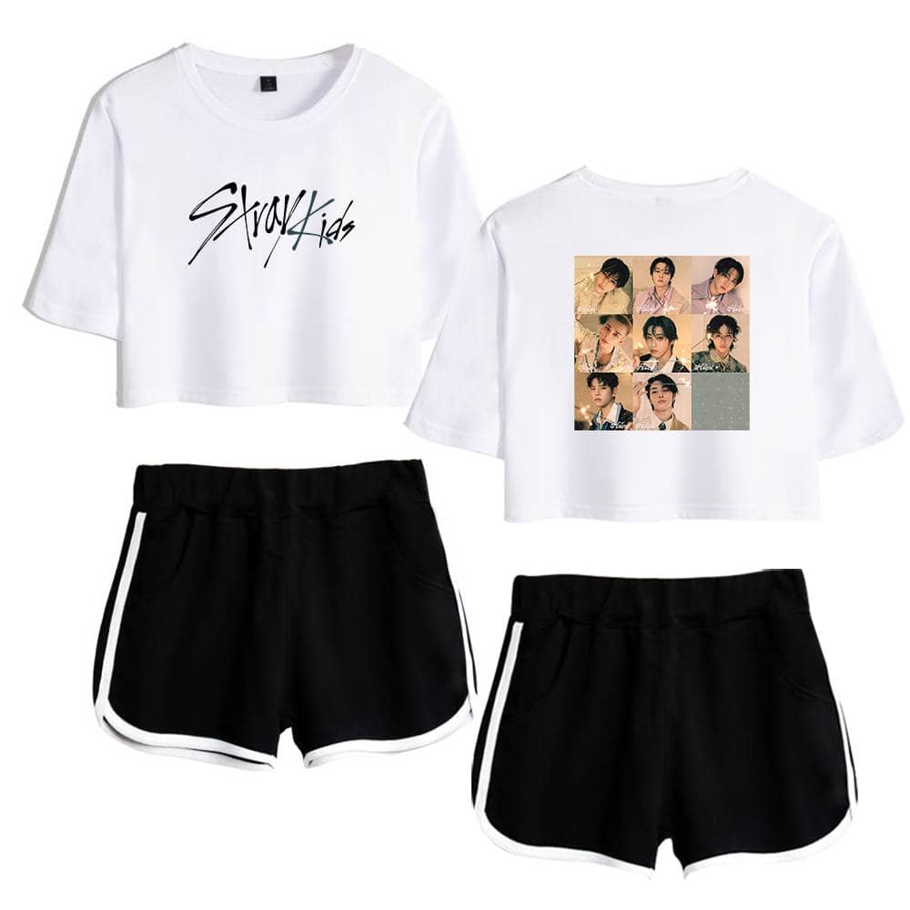 Cute K-pop group matching outfit set with graphic T-shirts and sporty shorts for fans.