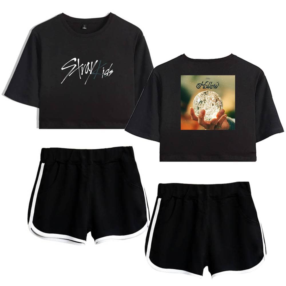 Black cropped T-shirts and shorts set with graphic print and text, perfect for K-pop fan merchandise or casual wear.