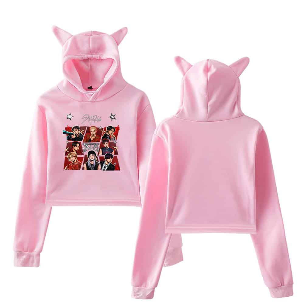 Pink K-pop girl group hoodie with cat ears, featuring a graphic of the band members.