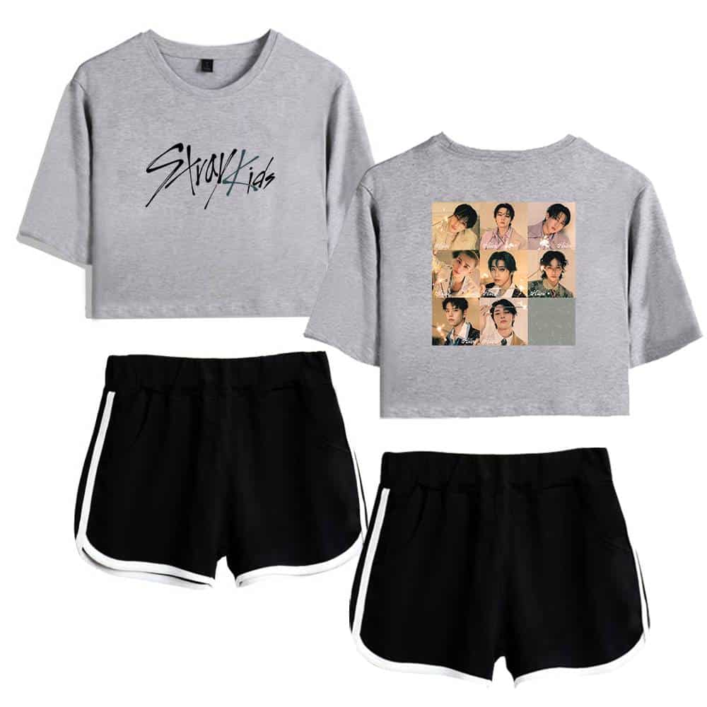 Stylish gray K-pop group photo sweatshirt and graphic crop top matching set with black shorts, perfect for K-pop idol fans and merchandise collectors.
