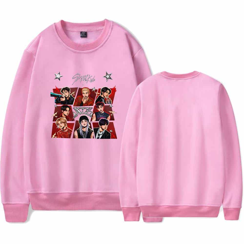 Kpop merch featuring BTS members in a vibrant pink sweatshirt.