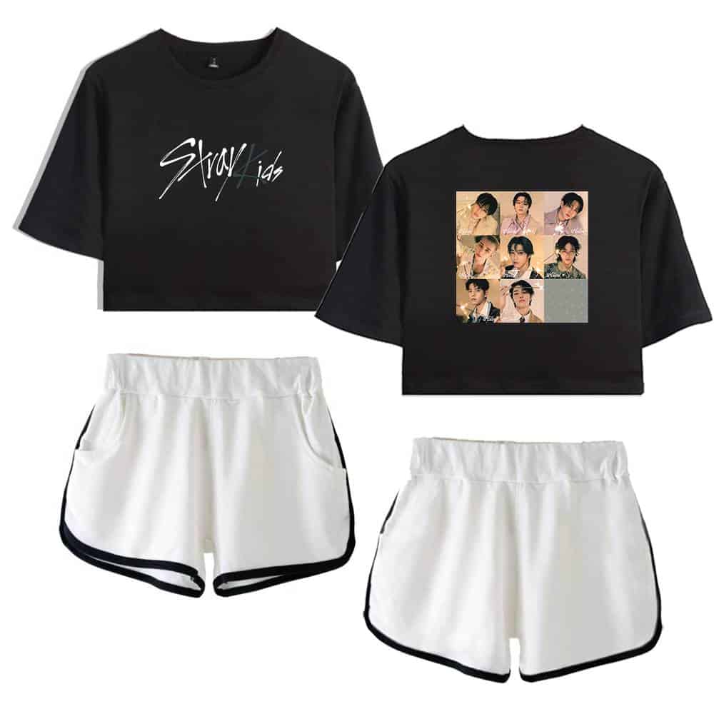 Stray kids black crop top with photo print and white sporty shorts, trendy Kpop merch set.