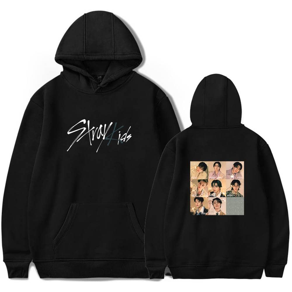 Black hooded sweatshirt with K-pop group graphics and member photos on the back, perfect for K-pop fans to show support and style.