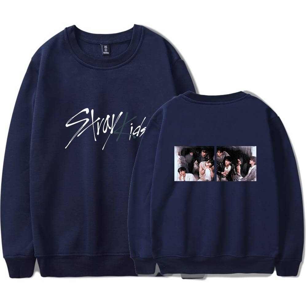 Skz hoodie with group photo print, casual streetwear style, navy blue sweatshirt featuring Stray Kids merchandise, perfect for K-pop fans, comfortable and trendy.
