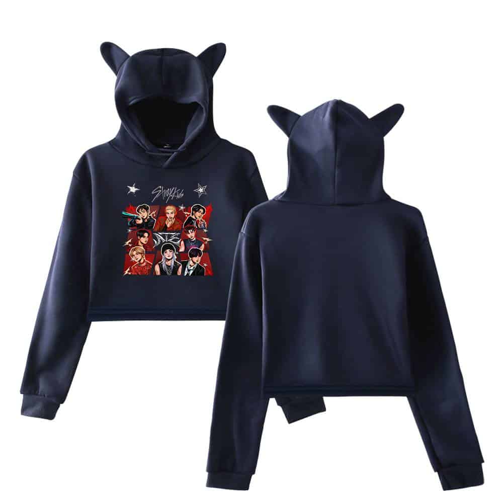 Cute black hoodie with cat ears and K-pop girl group design.