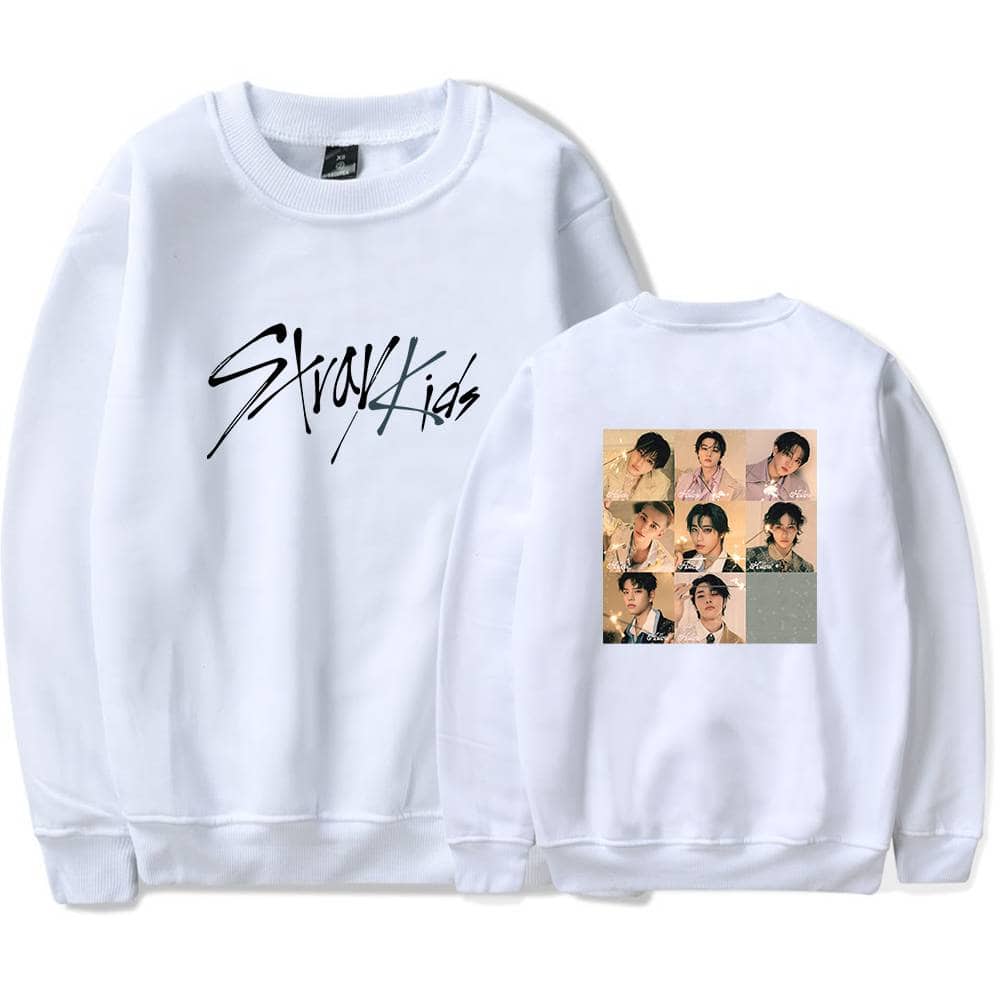Bold K-pop band photo sweatshirt with signature and group members, perfect for Kpop merch collections.