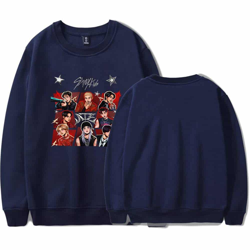 Colorful K-pop group graphic sweatshirt with animated band members print.