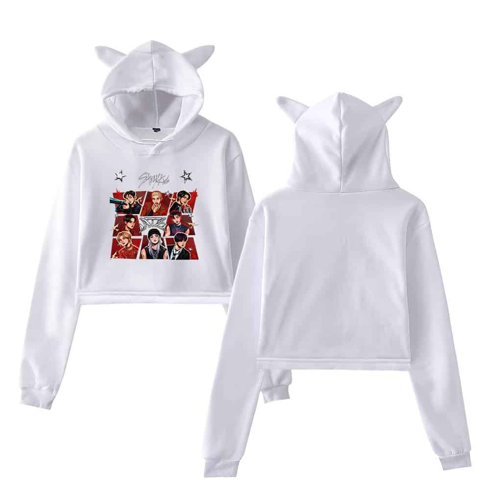 Kpop merchandise hoodie with cartoon characters and cat ear hood design.