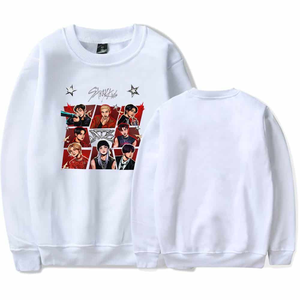 Kpop merch sweatshirt featuring cartoon-style images of popular K-pop idols.