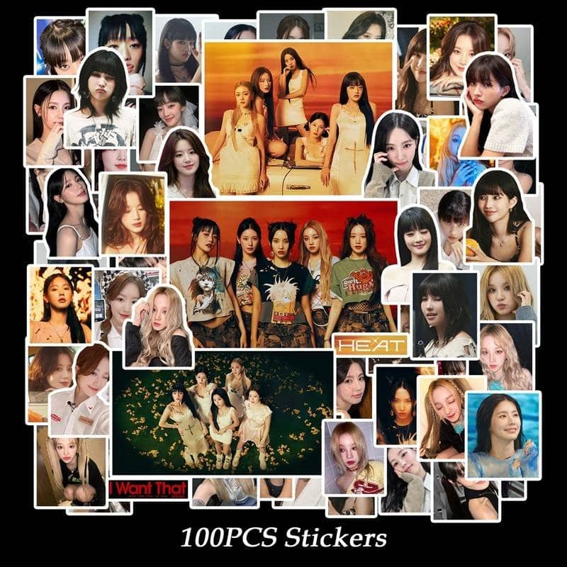 Sticker pack featuring K-pop idols and merchandise images, perfect for fans and collectors of K-pop memorabilia.