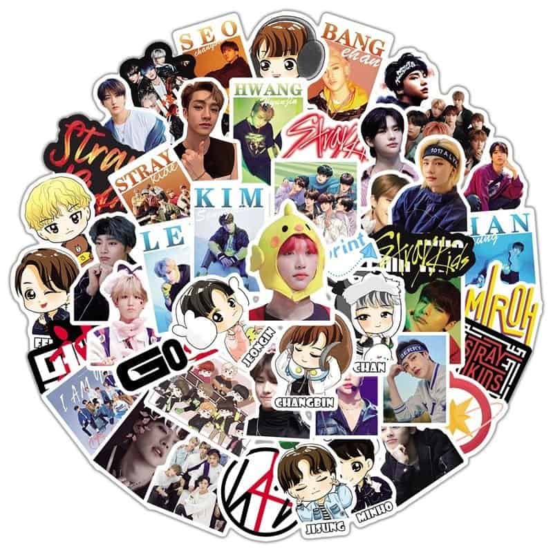 Colorful sticker sheet featuring popular K-pop idols and groups, perfect for K-pop merch fans, with vibrant designs and fan art elements.