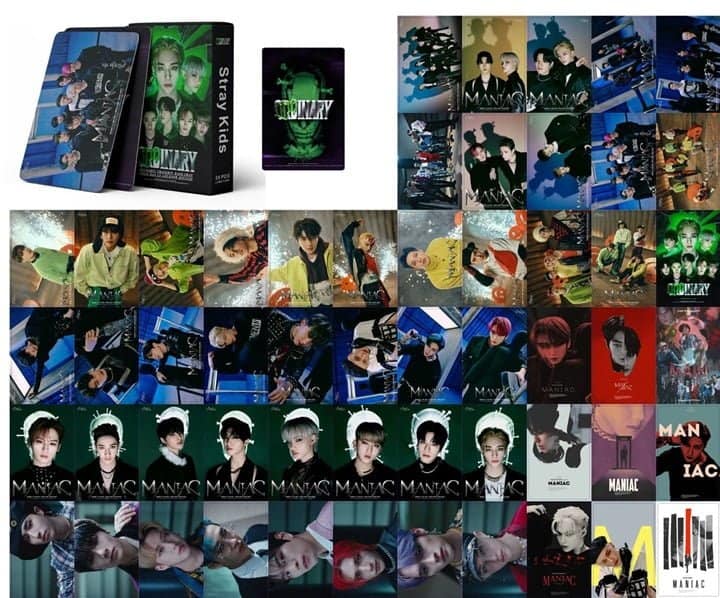 Kpop merch featuring BTS displayed in various albums, posters, and accessories.