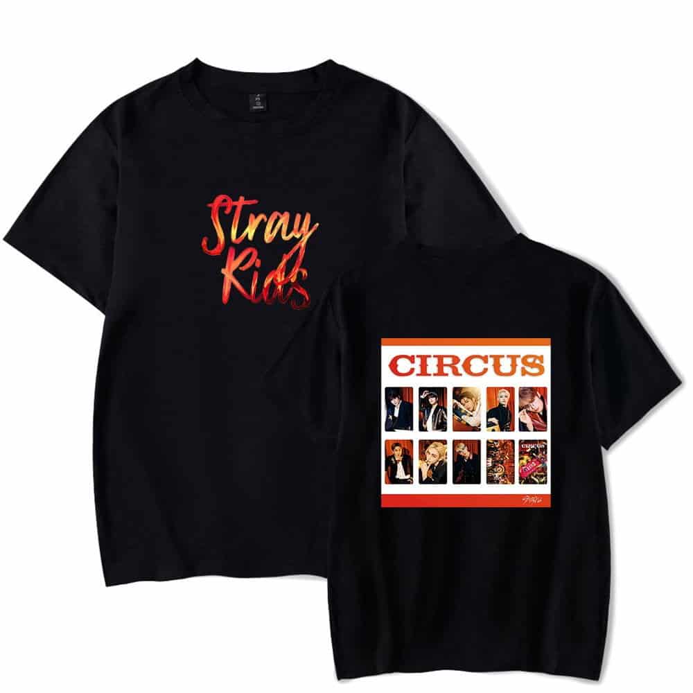 Black graphic t-shirt with "Stray Kids" text and a collage of members from the band.