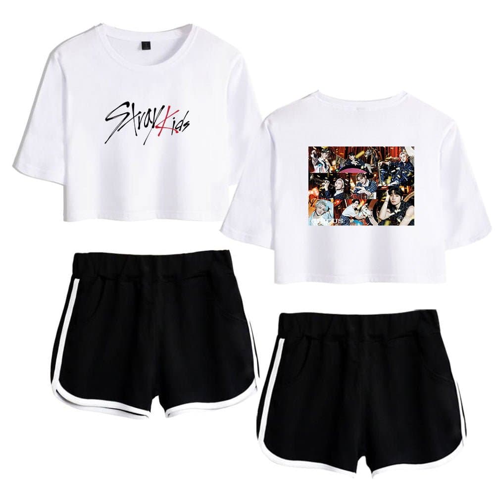 Cute K-pop merch crop top and shorts set featuring Stray Kids logo and group photo. Perfect for fans and casual wear. High-quality, stylish, and comfortable.