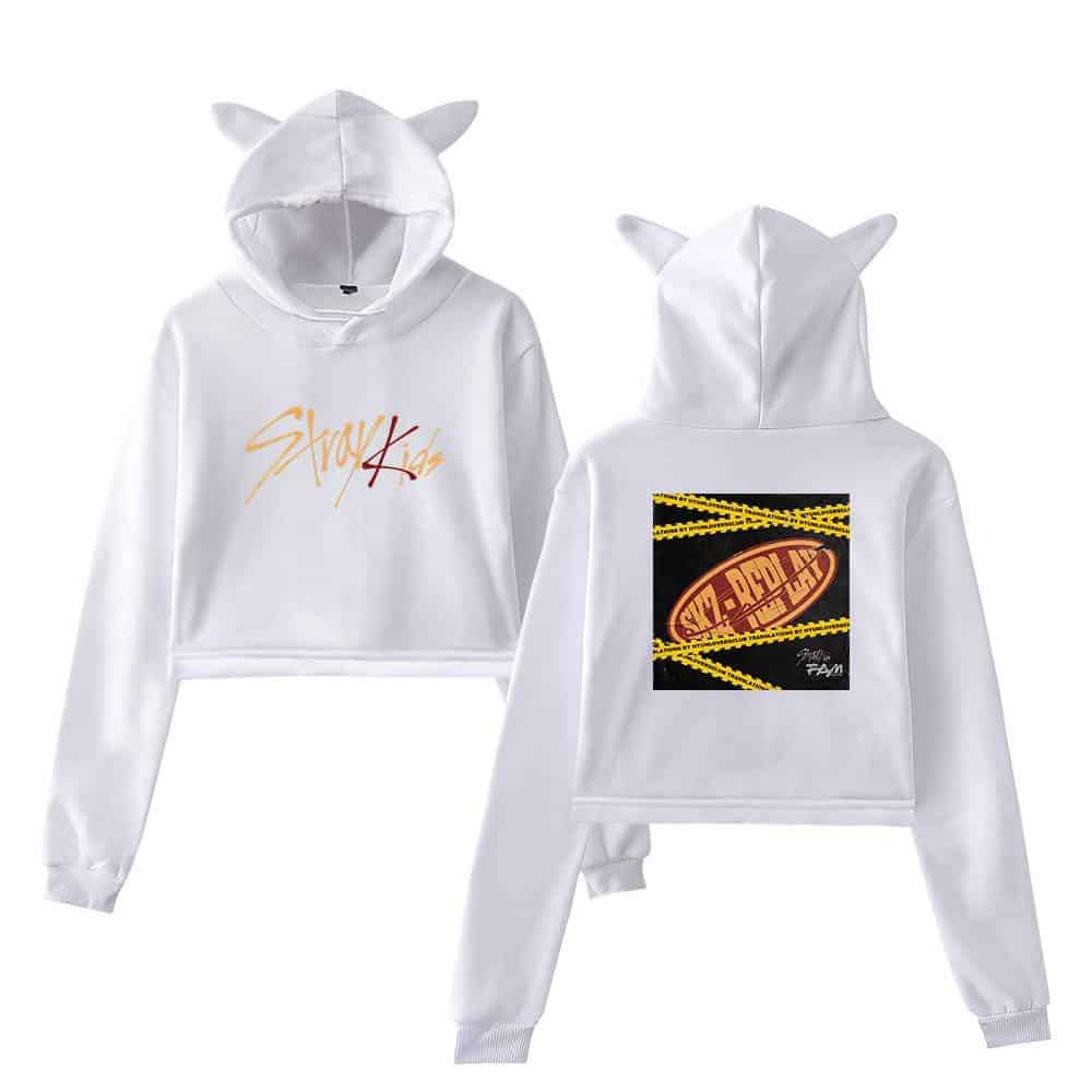 Stylish white K-pop hoodie with cute animal ears on the hood and bold graphic prints on the front and back. Perfect for K-pop fans and streetwear fashion.