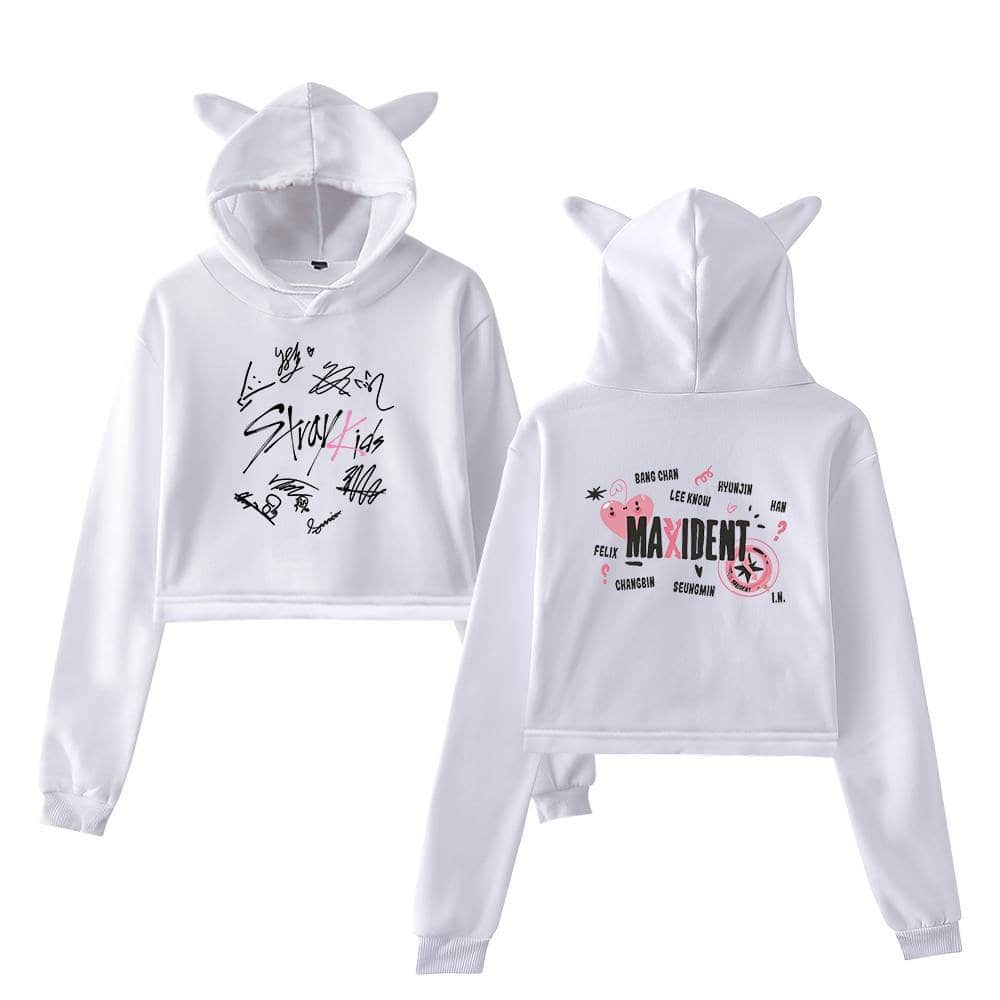 White K-pop hoodie featuring Maxident album artwork with playful signatures and graphics.