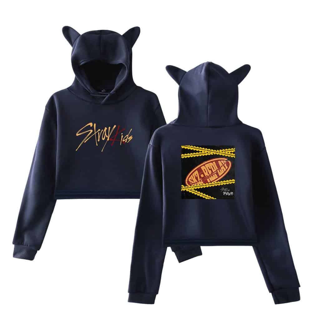 Stylish black K-pop hoodie set with cat ears and graffiti-inspired designs, perfect for concerts and casual wear.