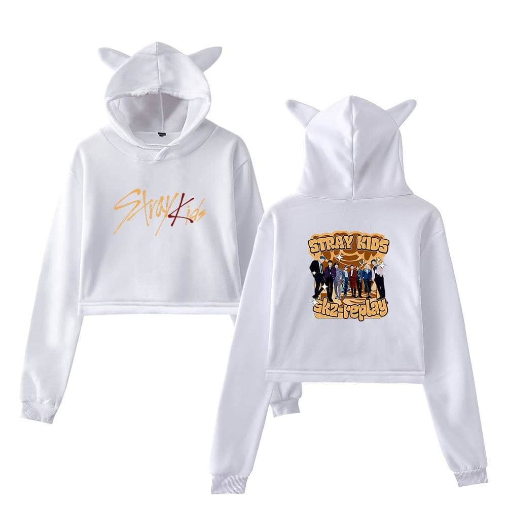 Colorful streetwear hoodie with "Stray Kids" logo and cartoon group graphic on back, made from soft fabric, perfect for K-pop fans and merch collectors.