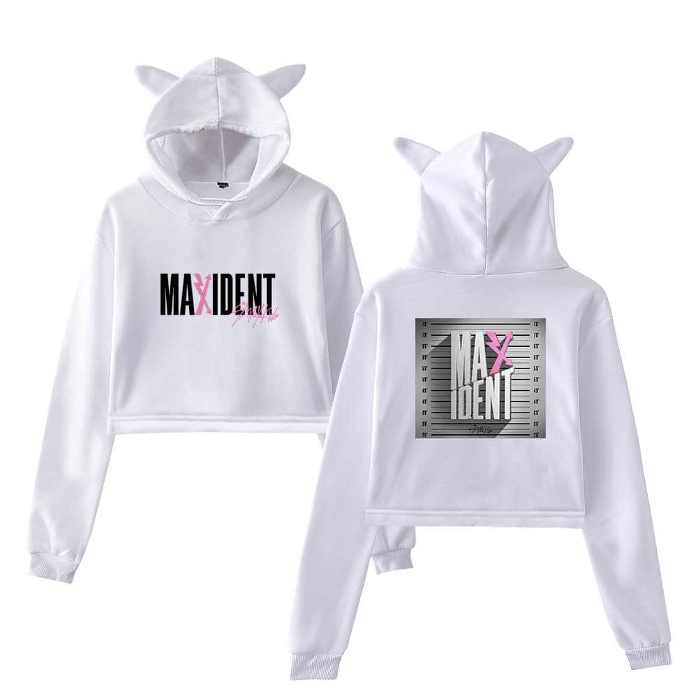 White hoodie and sweatpants set with "MIX" graphic and animal ear details, perfect for K-pop fans.