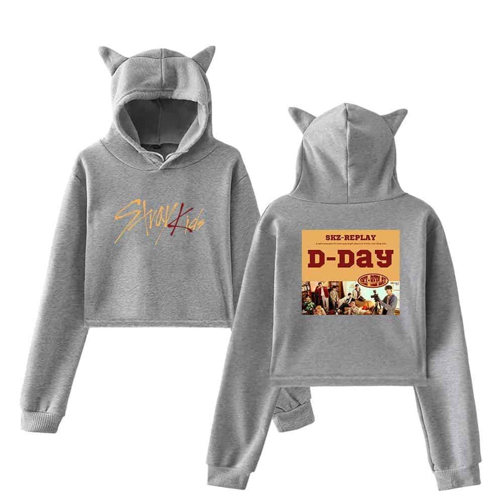 Stylish grey K-pop hoodie set with cute cat ears on the hood, featuring the "Show Kids" and "D-Day" album artwork, perfect for fans and everyday wear.