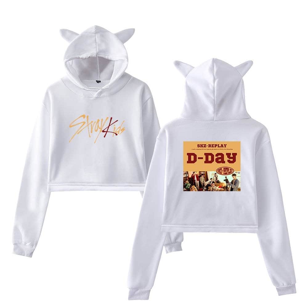 Cute white hoodie with cat ears, featuring Stray Kids logo on the front and D-Day album cover on the back, perfect for K-pop merchandise fans.