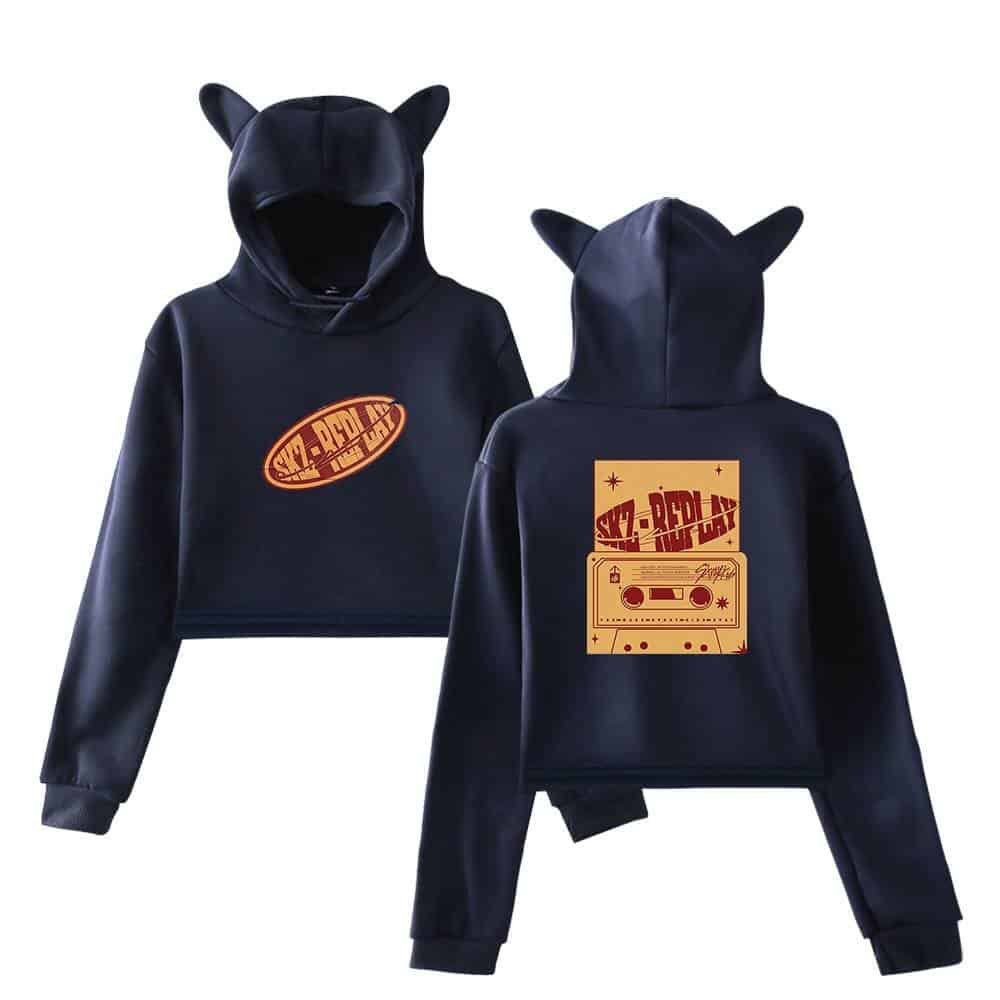 Kids black hoodie set with animal ears and retro cassette tape graphic, perfect for K-pop merchandise fans.