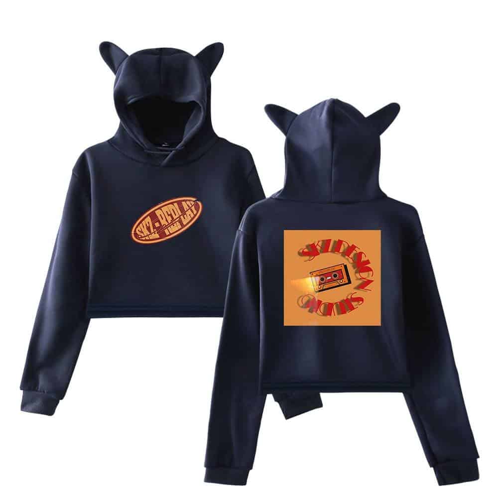 Kids hoodie with cat ears and graphic print, perfect for K-pop fans.