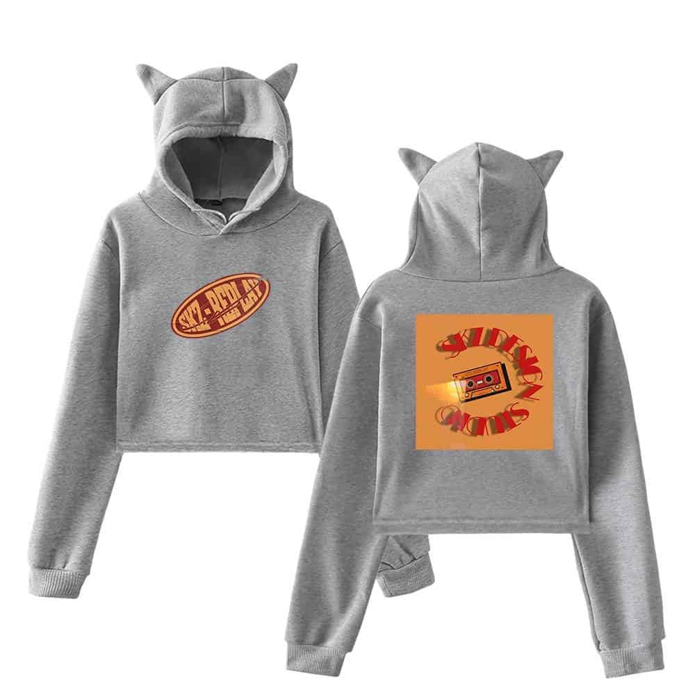 Cute gray hoodie and sweatpants set with cat ears and playful graphic design, perfect for K-pop fans and casual style.