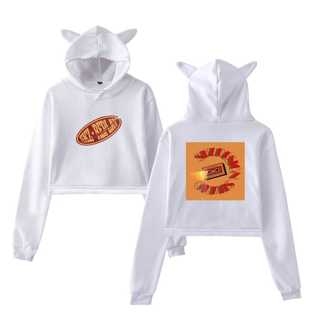 Cute white hoodie and sweatpants set with unicorn ears, featuring colorful "SKZ-POP" and cassette tape designs, perfect for K-pop merchandise fans.