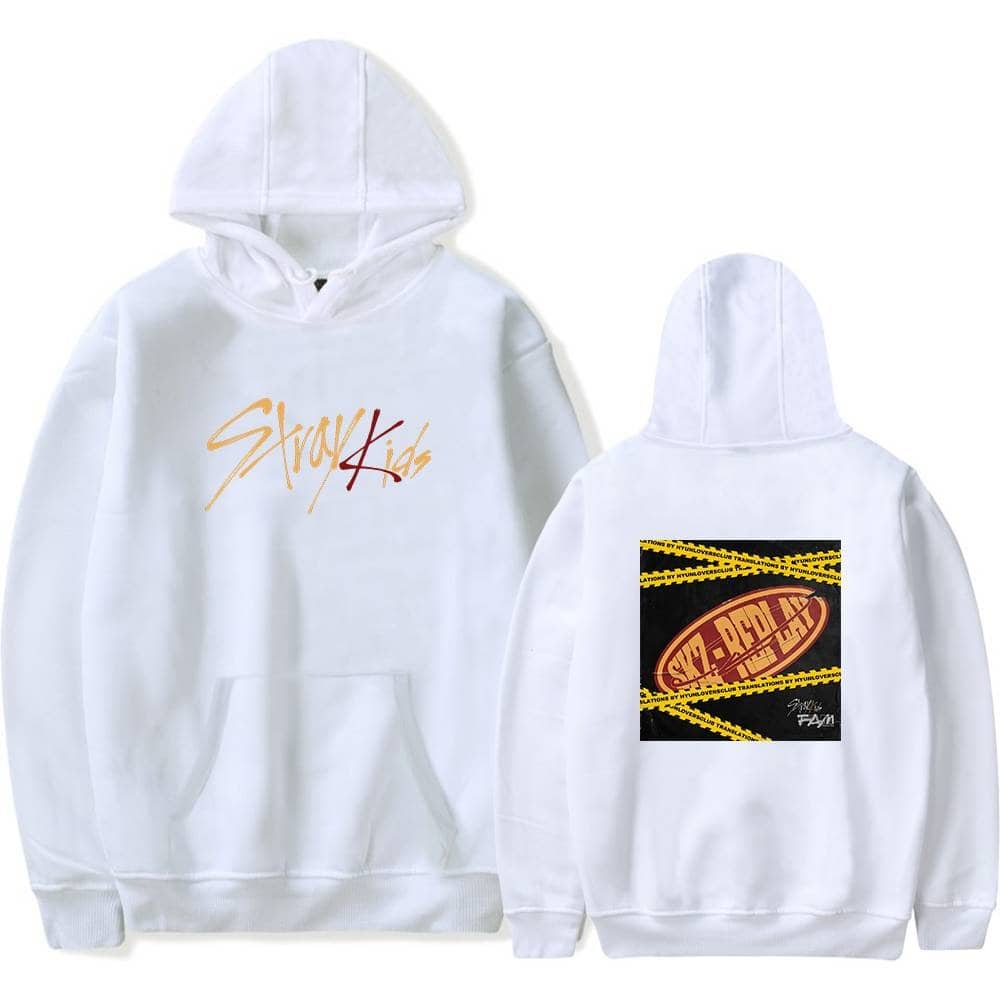 Stylish white hoodie with SKZ-REDDX graphic and K-pop merch inspired design, perfect for K-pop fans and concert goers.