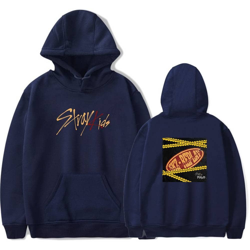 Stylish navy blue hoodie featuring Stray Kids logo and graphics, perfect for Kpop fans.