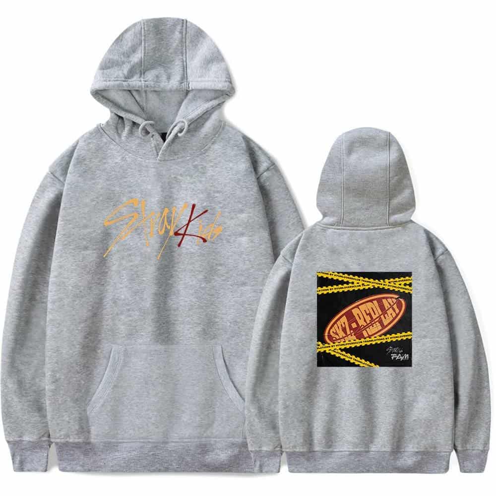 Stylish grey hoodie with "Sky4K" design and a vibrant graphic on the back, perfect for K-pop fans and merchandise collectors.
