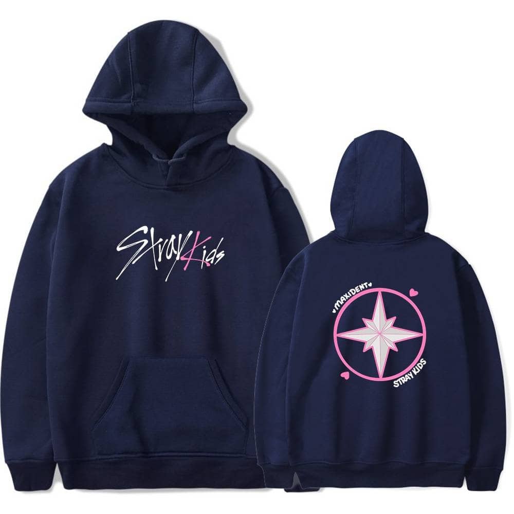 Ysterize, hoodie, navy blue, with "Stray Kids" logo in white and pink on the front and back, featuring a pink compass design and the words "Maxident" and "Stray Kids.".