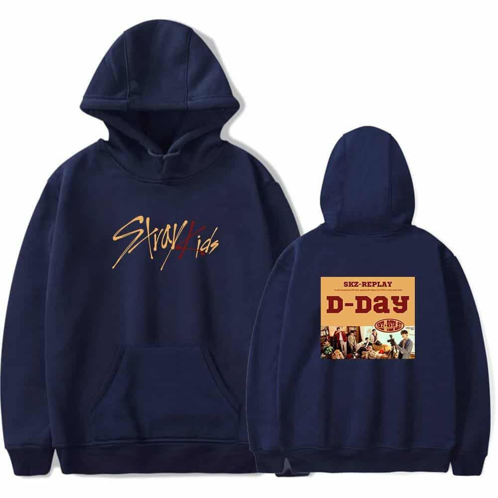 Stylish navy blue hoodie with "Stay Kid" graphic, perfect for K-pop fans wanting trendy merch.