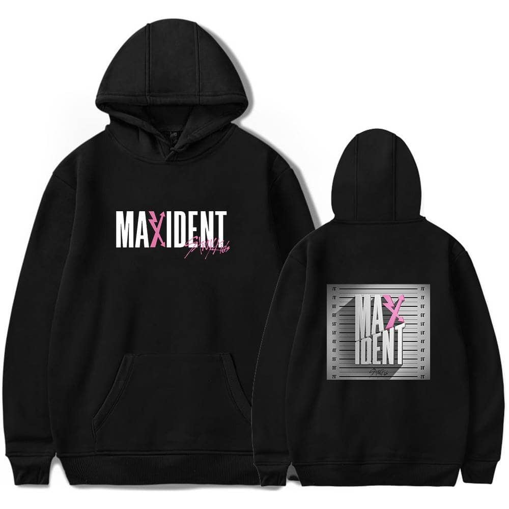 Max i dent hoodie with pink and white text, graphic design inspired by K-pop merchandise.