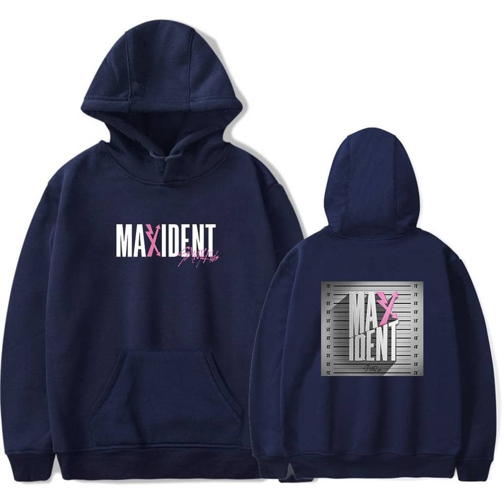 High-quality navy blue hoodie with "MAXIDENT" graphic in pink and white, perfect for K-pop fans.