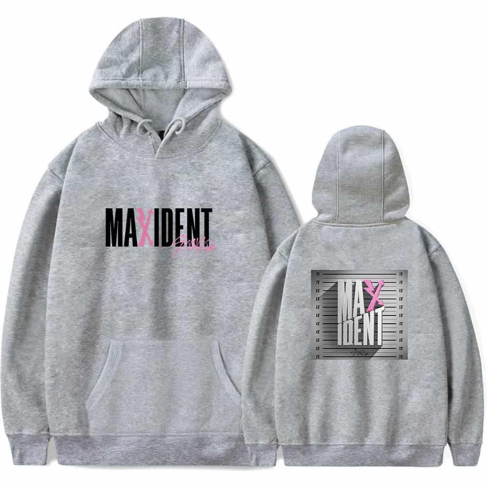 Maxidnt hoodie sweatshirt with pink and black graphic design for kpop merch.