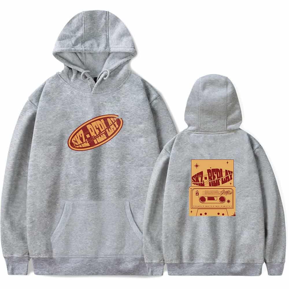 Skz-rblx hoodie with retro graphic design, front and back view, gray color, casual streetwear style.