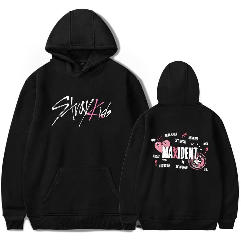 Stray Kids and MAXIDENT K-pop hoodie with band graphics and names on the back, black color, casual streetwear for fans.