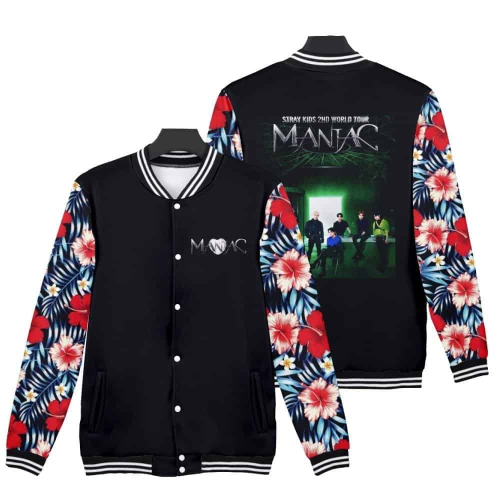 Black bomber jacket with colorful floral sleeves and MANIAC graphic from STRAY KIDS 2nd world tour.