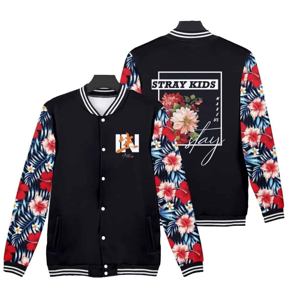 Colorful floral print varsity jackets with "Stray Kids" logo, perfect for K-pop fans and merch collections.