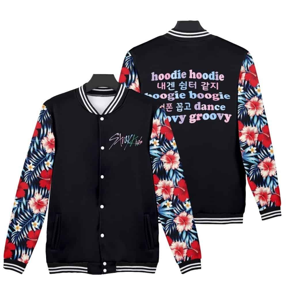 Colorful K-pop merch hoodie jacket with floral sleeves and embroidered logo.