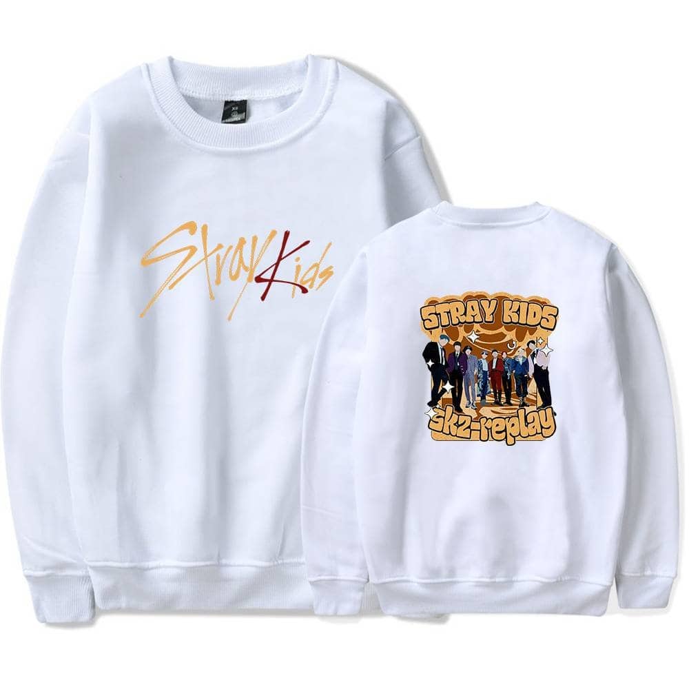 Stripy Kids sweatshirt with animated group design, perfect for K-pop fans and merch collectors.