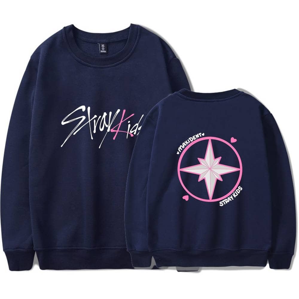 Stylish navy blue K-pop sweatshirt with "Stay Kid" graphic and star logo design. Perfect for K-pop fans and merchandise collectors.