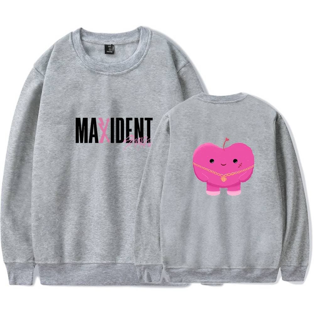 Maxidnt pink cartoon character sweatshirt with cute apple design, perfect for Kpop merch fans.