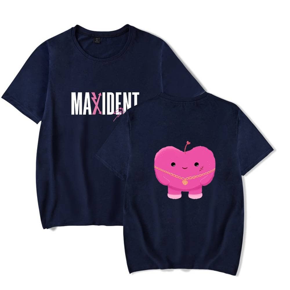 Cute pink character graphic t-shirt with Maxidnt logo for Kpop merch.