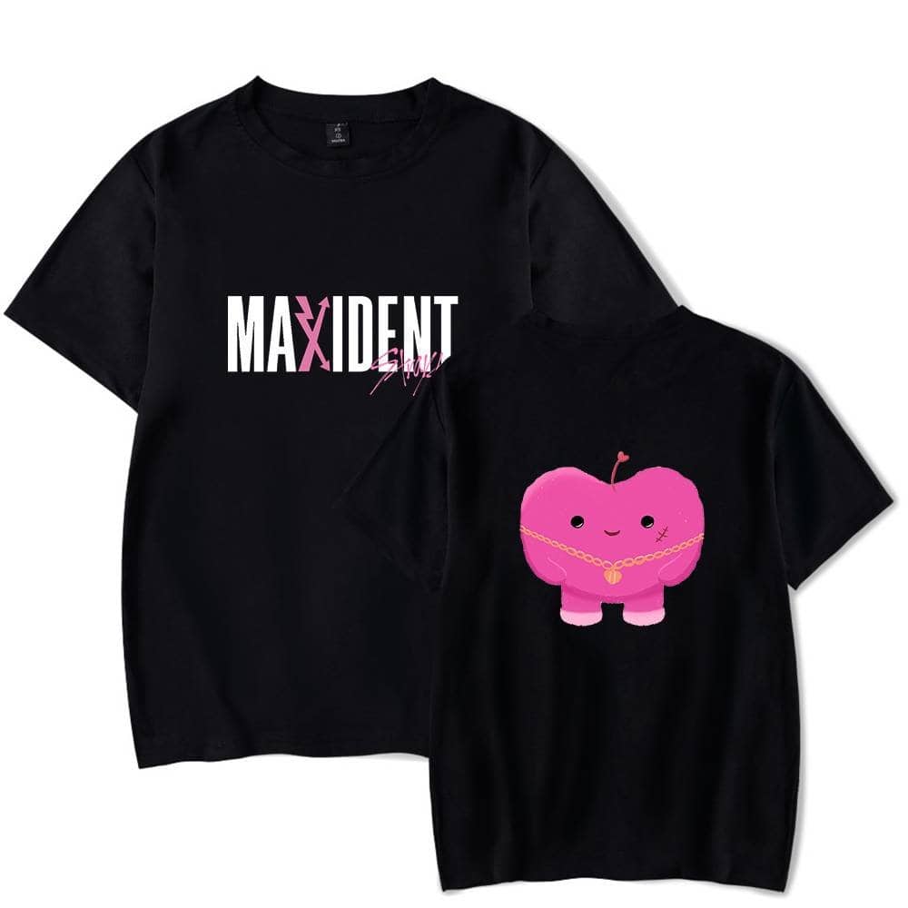 Maxidnt t-shirt with playful pink character illustration, perfect for K-pop fans and merchandise collectors.