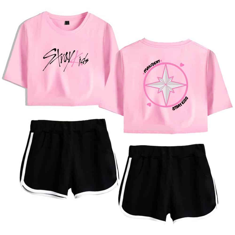 Stylish pink K-pop streetwear set with graphic T-shirts and black shorts for kids.